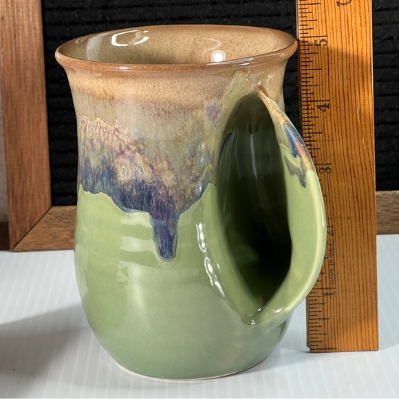 Clay in Motion Pottery Hand Warmer Mug Signed Neher Drip Glazed Green Blue Brown - Picture 3 of 11